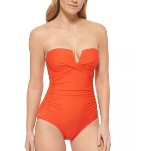 CALVIN KLEIN Women's Split-Neck Bandeau Removable-Strap Tummy-Control  Swimsuit